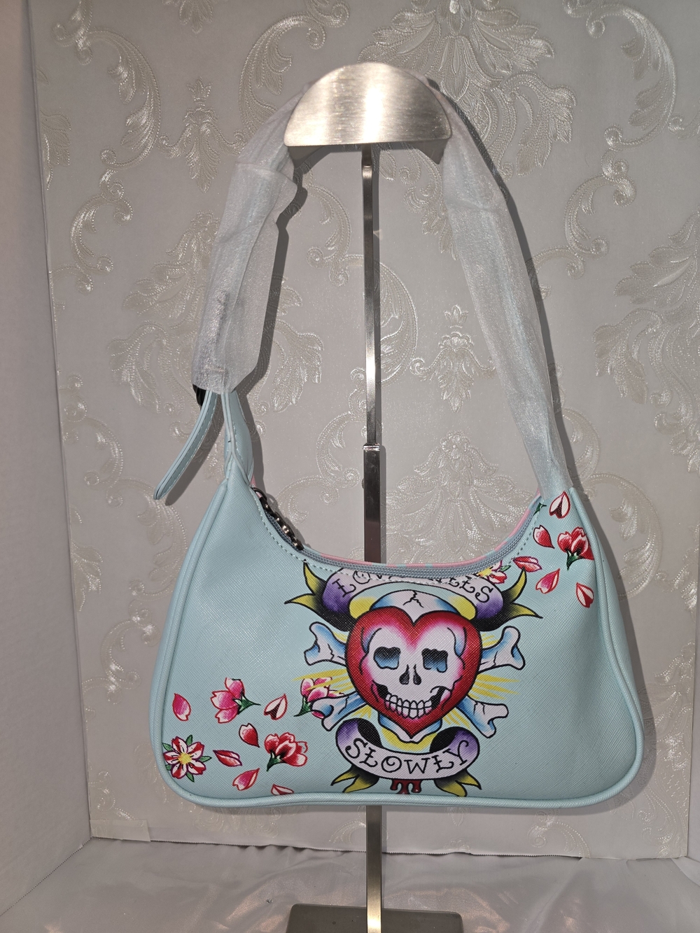 ED HARDY Light Blue Graphic Heart Skull Shoulder Bag